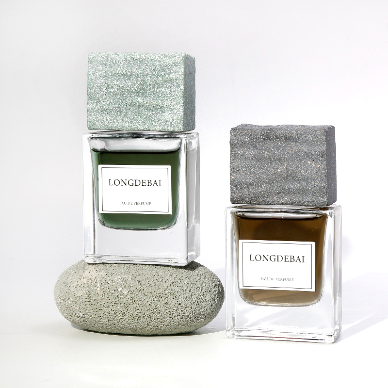 LONGDEBAI New Luxury Empty Parfum Clear Flat Square Marble Lid Crimp Glass Stone Cap Perfume Bottle 50mL With Gift Box
