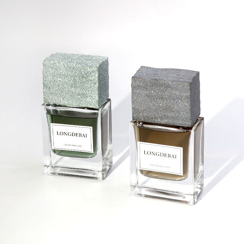 LONGDEBAI New Luxury Empty Parfum Clear Flat Square Marble Lid Crimp Glass Stone Cap Perfume Bottle 50mL With Gift Box