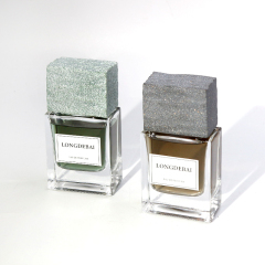 LONGDEBAI New Luxury Empty Parfum Clear Flat Square Marble Lid Crimp Glass Stone Cap Perfume Bottle 50mL With Gift Box