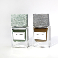 LONGDEBAI New Luxury Empty Parfum Clear Flat Square Marble Lid Crimp Glass Stone Cap Perfume Bottle 50mL With Gift Box