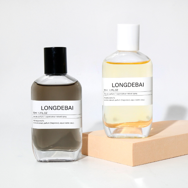 Mens packaging box clear perfume spray bottle empty round aluminum pump crimp 30ml 50ml 100ml perfume bottle with white cap