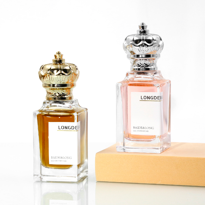Wholesale empty crimp empty square clear perfume glass bottle 80ml 50ml perfume bottle with gold cap