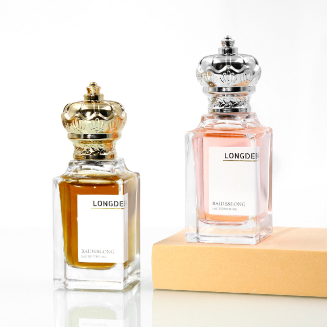 Wholesale empty crimp empty square clear perfume glass bottle 80ml 50ml perfume bottle with gold cap