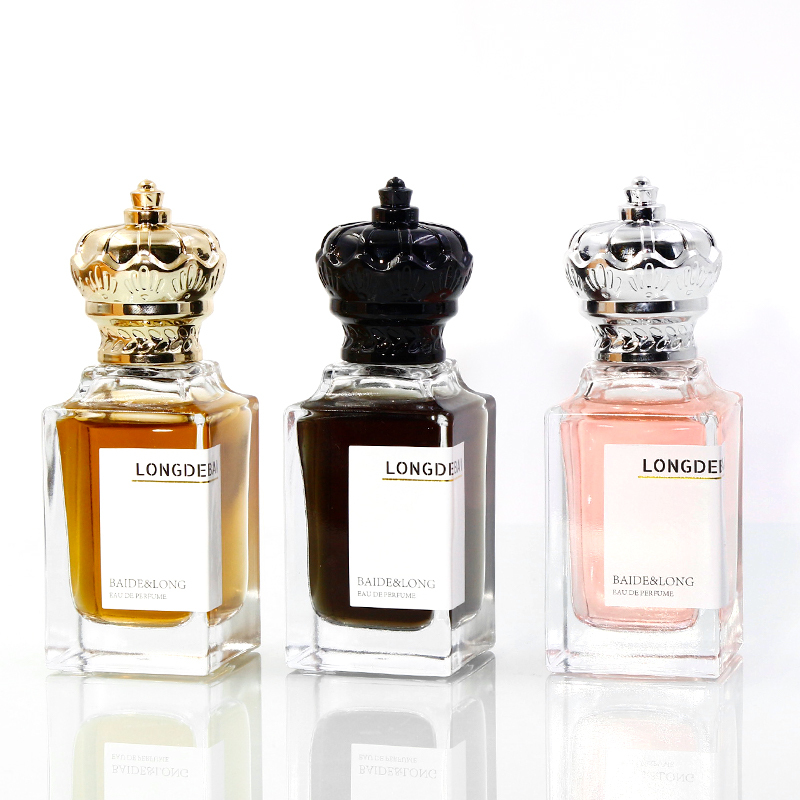 Wholesale empty crimp empty square clear perfume glass bottle 80ml 50ml perfume bottle with gold cap
