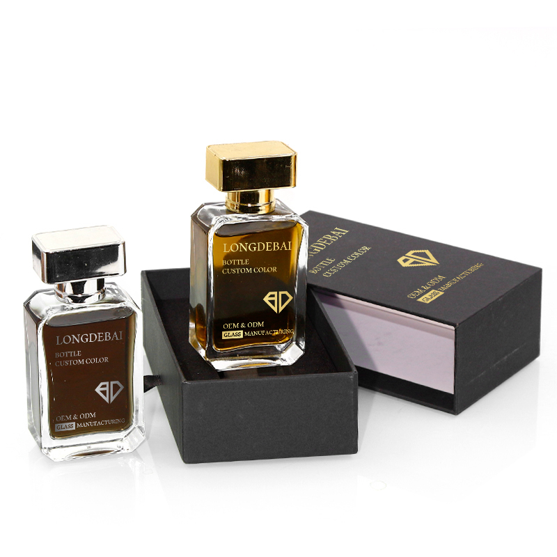 Custom empty crimp clear perfume spray bottle 30ml 50ml 100ml flat perfume bottle with box