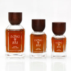 In stock unique empty clear crimp 30ml perfume glass bottle 50ml 100ml square perfume bottle with wood cap