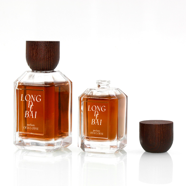 In stock unique empty clear crimp 30ml perfume glass bottle 50ml 100ml square perfume bottle with wood cap