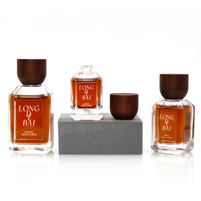 In stock unique empty clear crimp 30ml perfume glass bottle 50ml 100ml square perfume bottle with wood cap