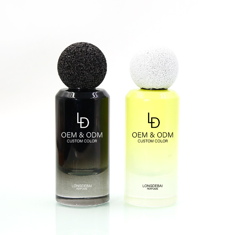 Custom luxury unique round crimp perfume glass bottle 30ml 50ml volcanic stone lid perfume bottle with custom box