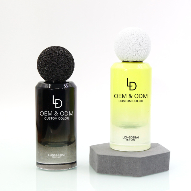 Custom luxury unique round crimp perfume glass bottle 30ml 50ml volcanic stone lid perfume bottle with custom box