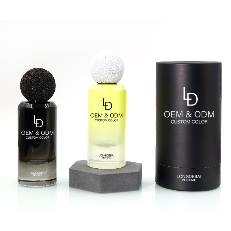 Custom luxury unique round crimp perfume glass bottle 30ml 50ml volcanic stone lid perfume bottle with custom box