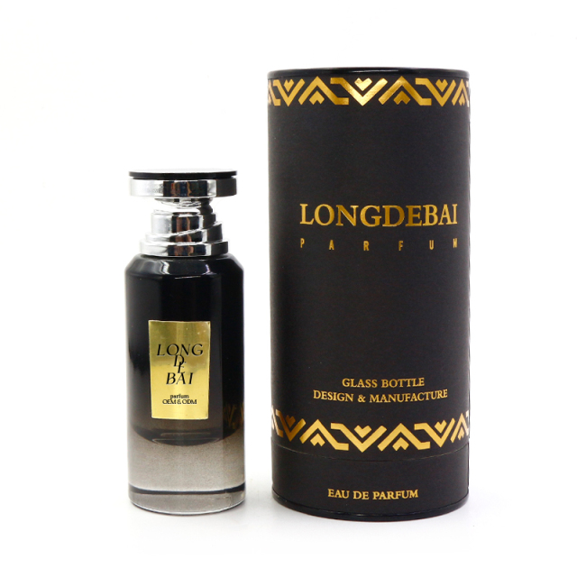 Factory makes arabic round black crimp perfume glass bottle empty pump sprayer 50ml perfume bottle with gift box
