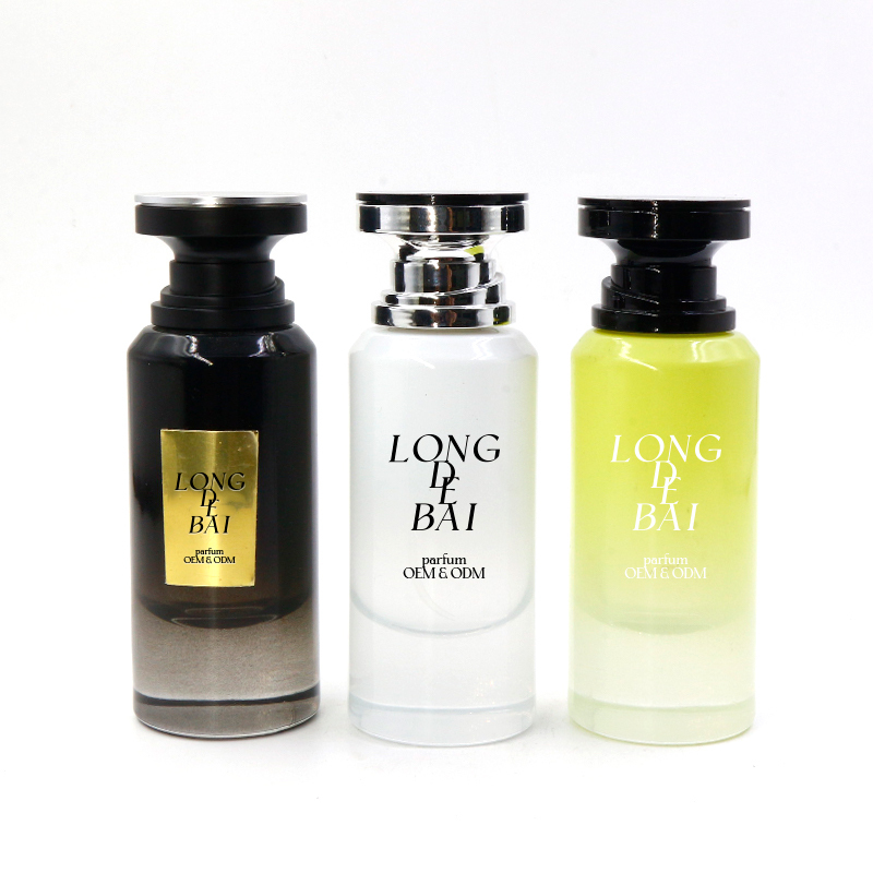 Factory makes arabic round black crimp perfume glass bottle empty pump sprayer 50ml perfume bottle with gift box