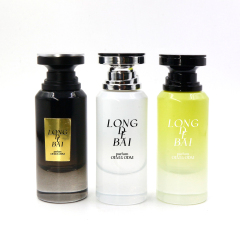 Factory makes arabic round black crimp perfume glass bottle empty pump sprayer 50ml perfume bottle with gift box