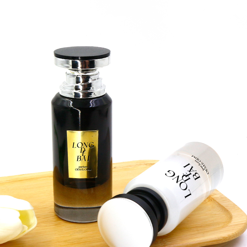 Factory makes arabic round black crimp perfume glass bottle empty pump sprayer 50ml perfume bottle with gift box