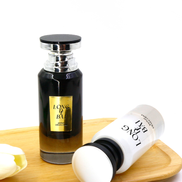 Factory makes arabic round black crimp perfume glass bottle empty pump sprayer 50ml perfume bottle with gift box