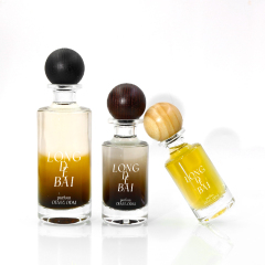 wholesale Custom crimp round clear perfume spray bottle 30ml 50ml 100ml empty perfume glass bottle with wooden cap