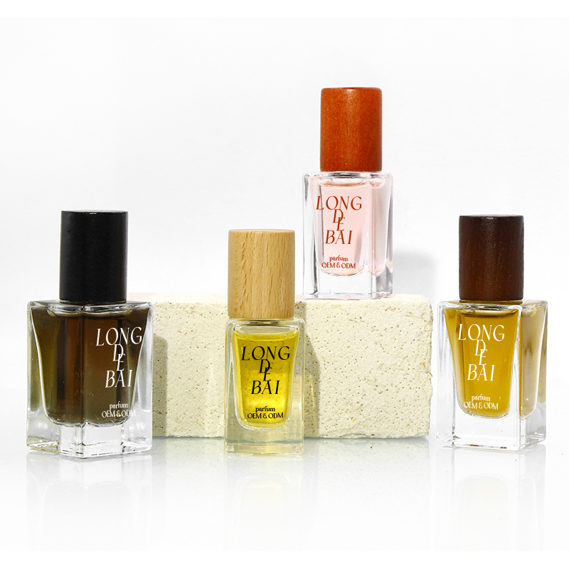 Custom Square Crimp Empty Glass Perfume Bottle 30ml 50ml Portable Wood Cap Perfume Spray Bottles With Box Packaging