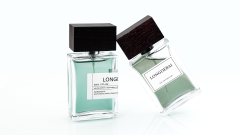 Glass perfume bottle with flat square wood cover, portable perfume bottle