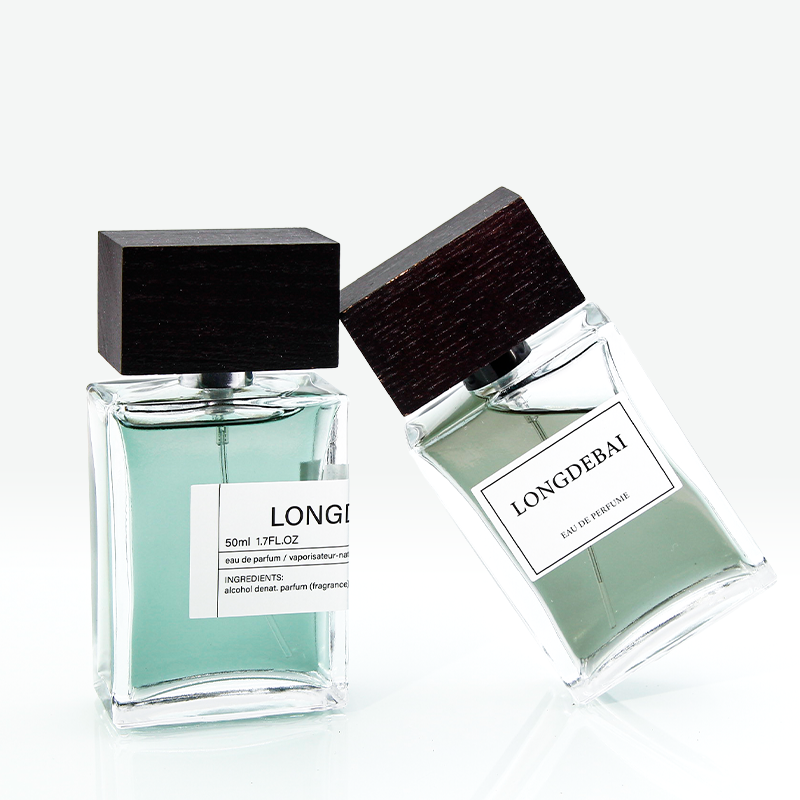 Glass perfume bottle with flat square wood cover, portable perfume bottle