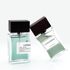 Glass perfume bottle with flat square wood cover, portable perfume bottle