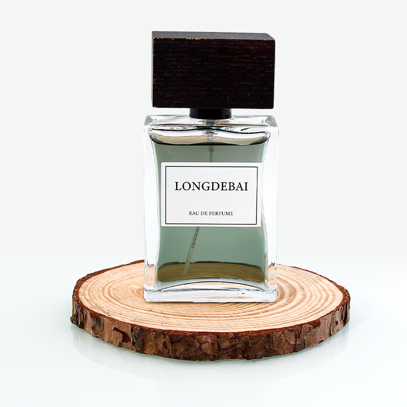 Glass perfume bottle with flat square wood cover, portable perfume bottle