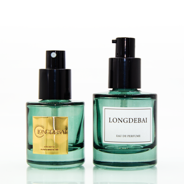 Luxury elegant round green glass lotion pump or spray bottles 30ml 50ml 100ml