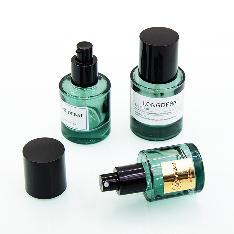 Luxury elegant round green glass lotion pump or spray bottles 30ml 50ml 100ml