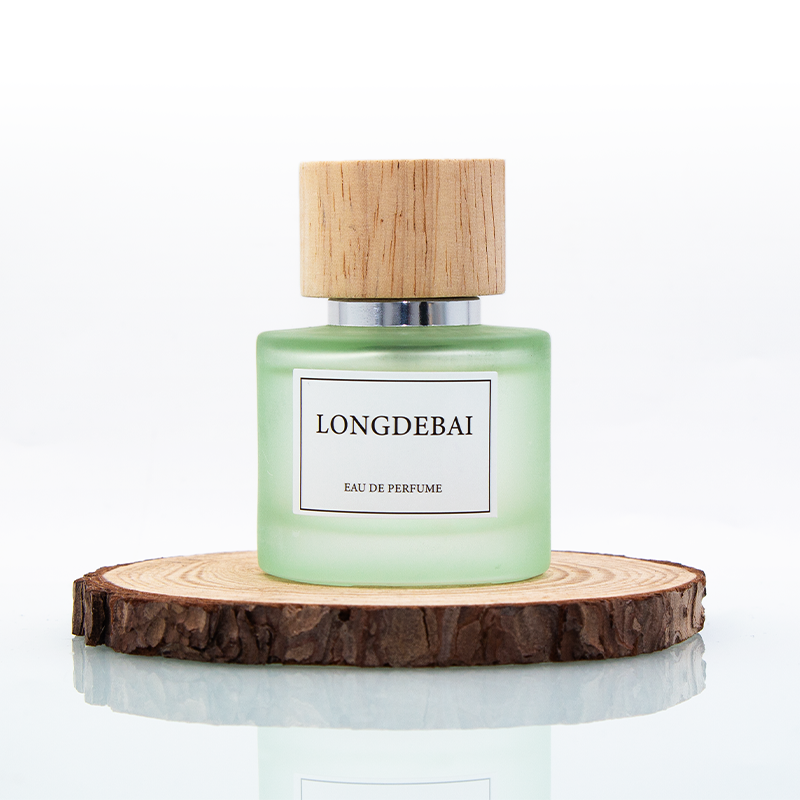 Wholesale empty frost green blue round 50ml glass perfume bottle with wooden lid