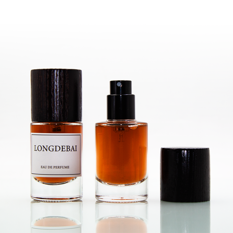 Small volume 15ml round empty glass perfume bottle with wooden lid