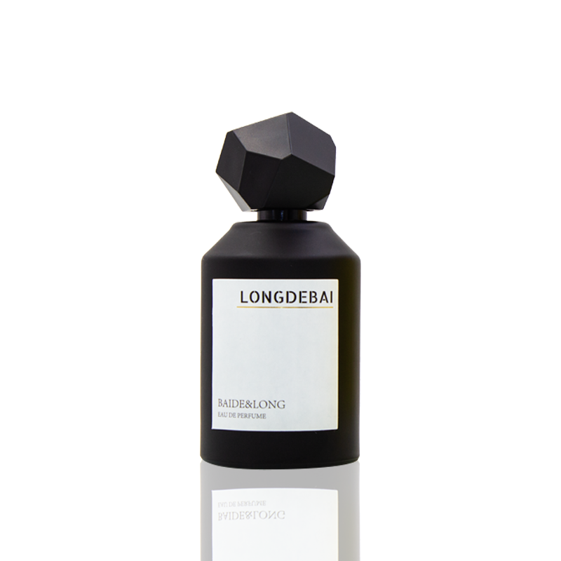 In stock luxury matte black round shape glass perfume bottle 100ml with irregular shape lid and box