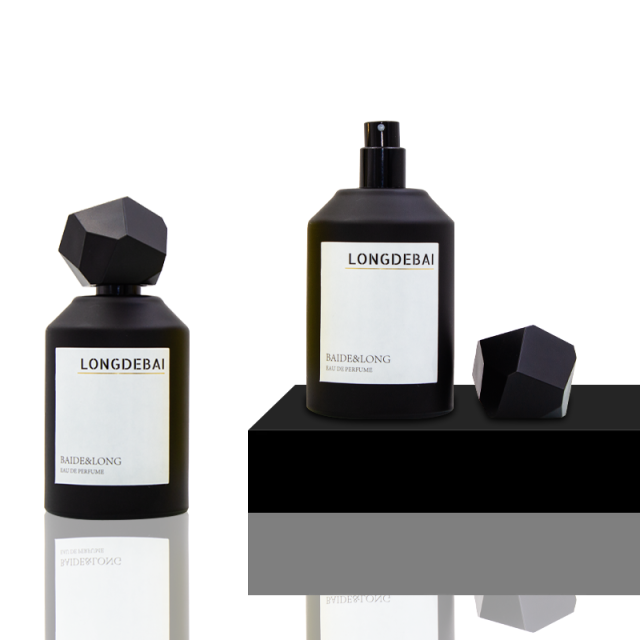 In stock luxury matte black round shape glass perfume bottle 100ml with irregular shape lid and box