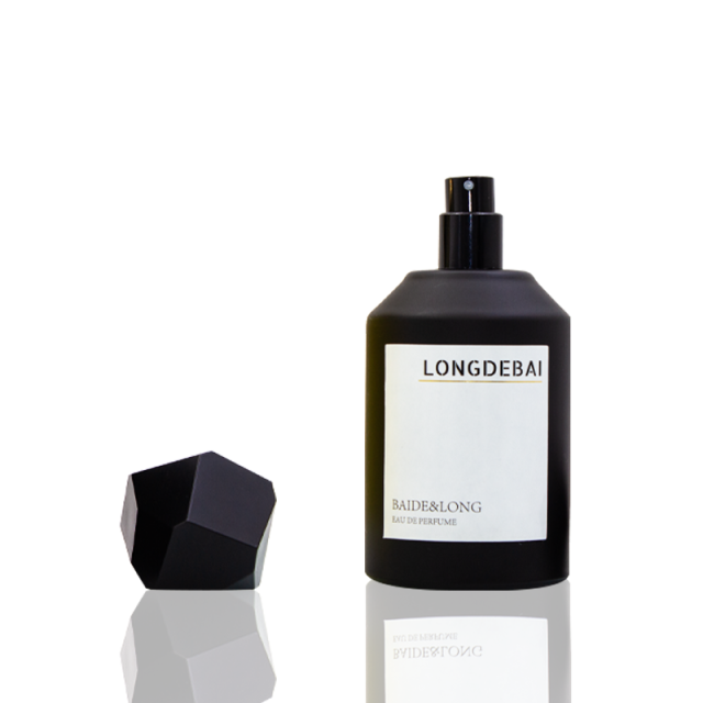 In stock luxury matte black round shape glass perfume bottle 100ml with irregular shape lid and box