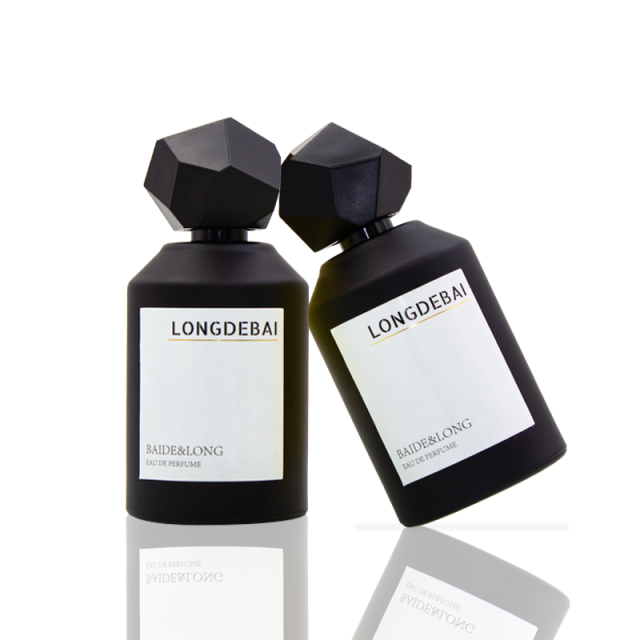 In stock luxury matte black round shape glass perfume bottle 100ml with irregular shape lid and box