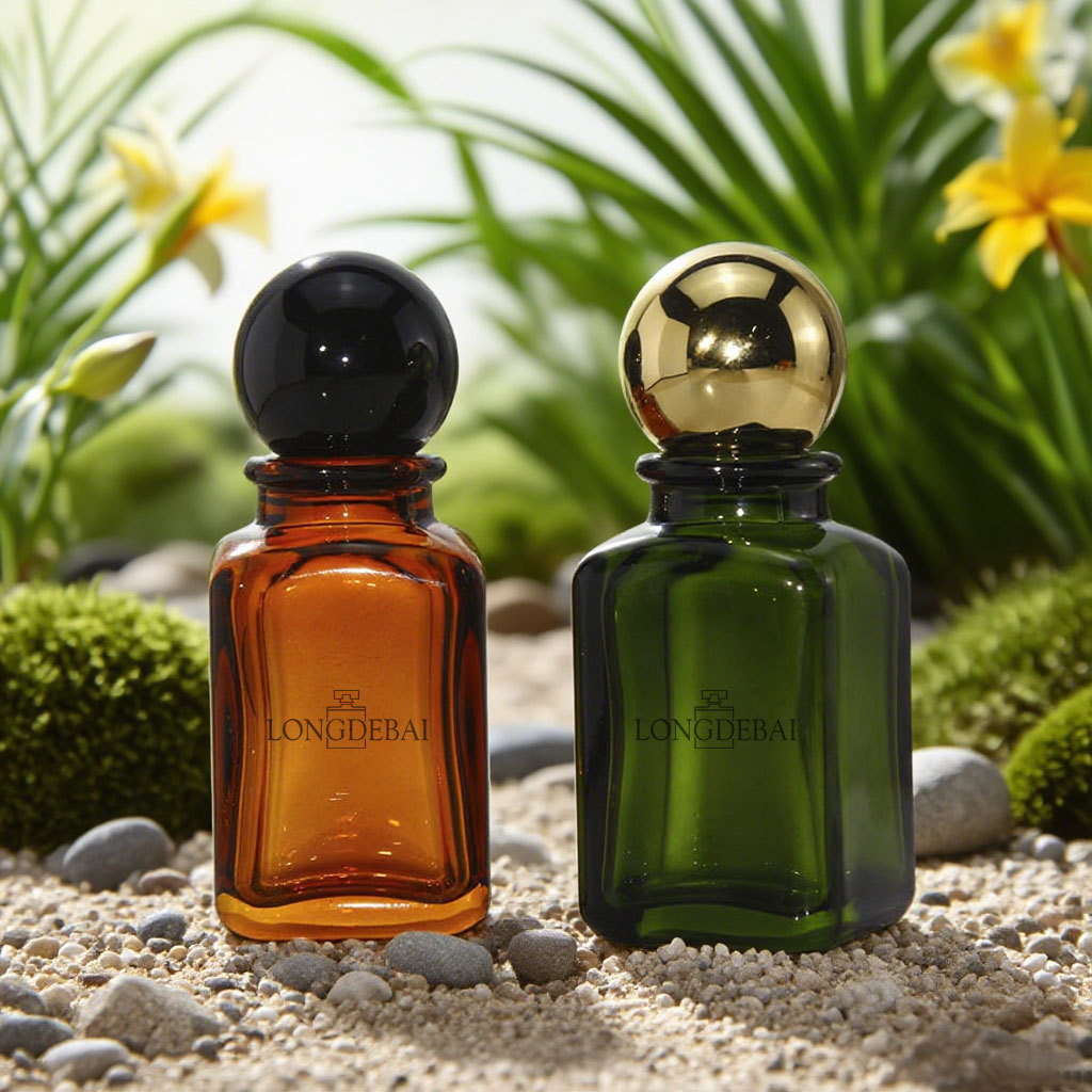 Luxury amber green square empty glass perfume spray bottle with ball cap