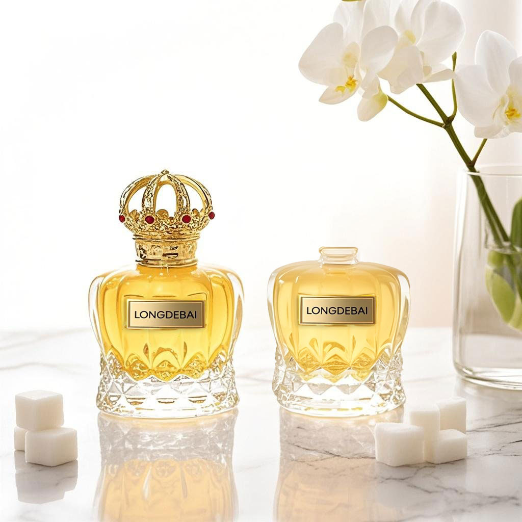 Luxury unique crown shape crimp glass perfume bottle 50ml 100ml with zamac acrylic cap