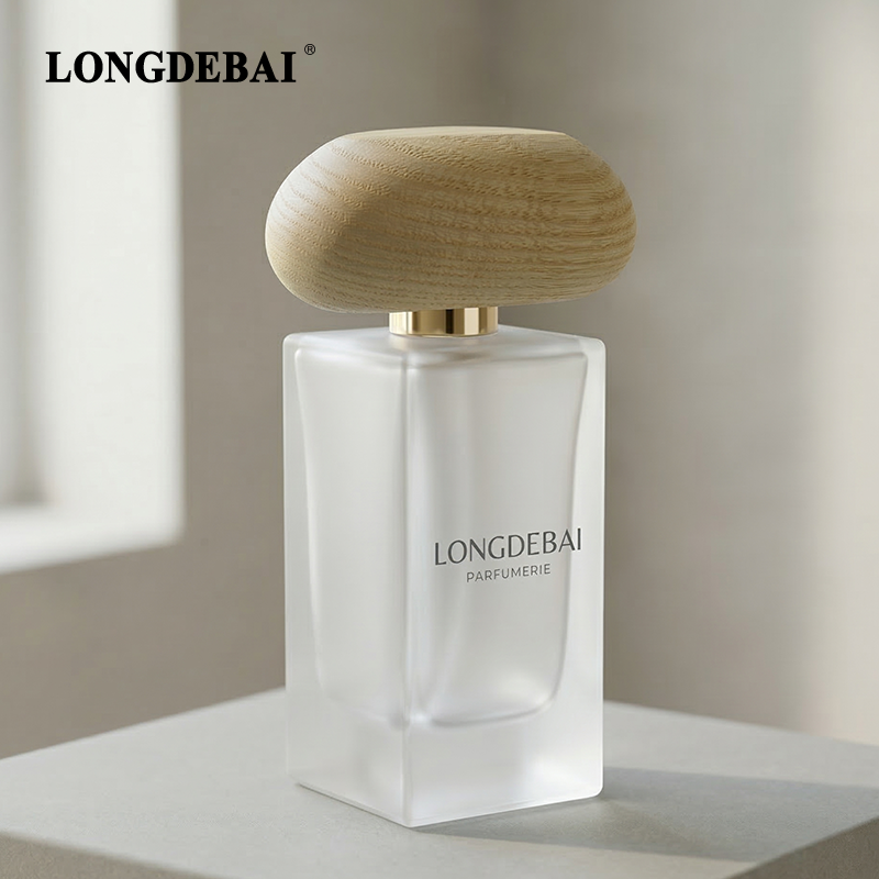 LONGDEBAI Luxury Frost Irregular Rectangle Empty Glass Perfume Bottle 50ml With 0.13cc Sprayer and Wooden Cap