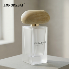 LONGDEBAI Luxury Frost Irregular Rectangle Empty Glass Perfume Bottle 50ml With 0.13cc Sprayer and Wooden Cap