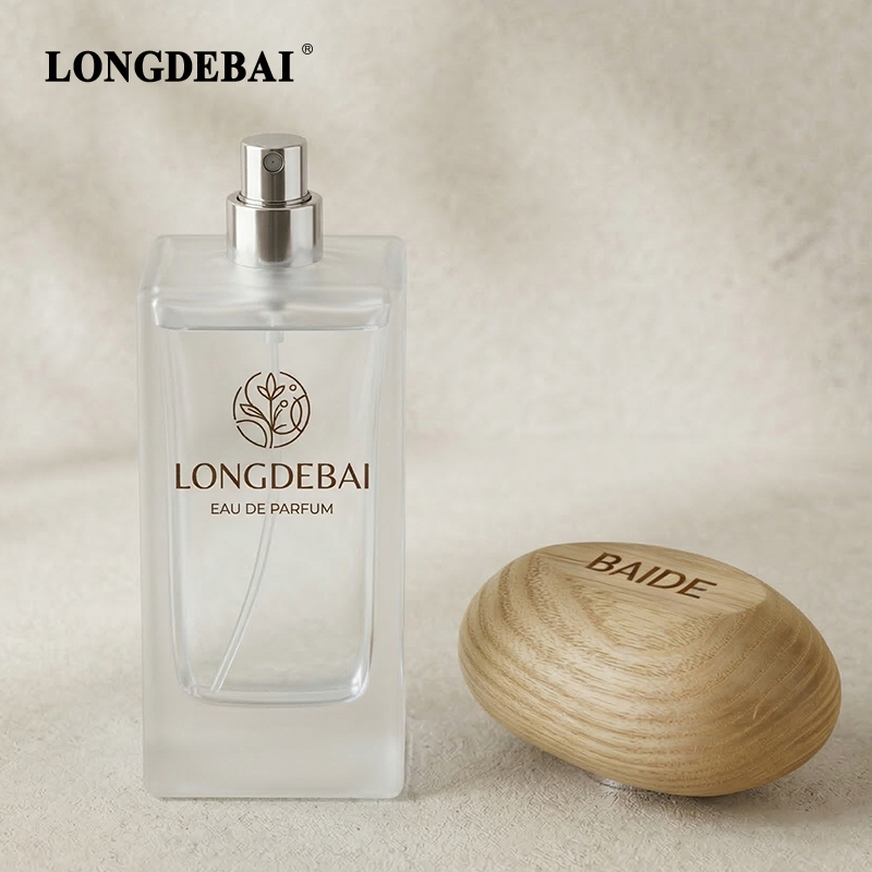 LONGDEBAI Luxury Frost Irregular Rectangle Empty Glass Perfume Bottle 50ml With 0.13cc Sprayer and Wooden Cap