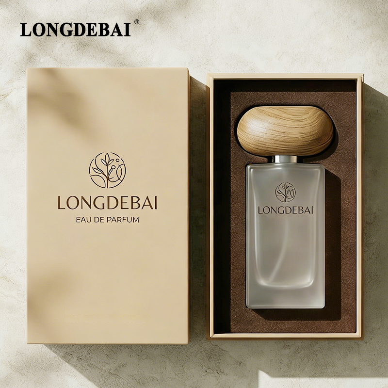 LONGDEBAI Luxury Frost Irregular Rectangle Empty Glass Perfume Bottle 50ml With 0.13cc Sprayer and Wooden Cap