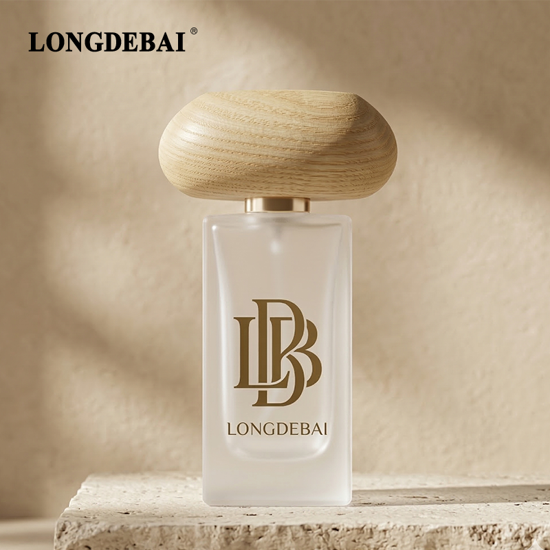 LONGDEBAI Luxury Frost Irregular Rectangle Empty Glass Perfume Bottle 50ml With 0.13cc Sprayer and Wooden Cap