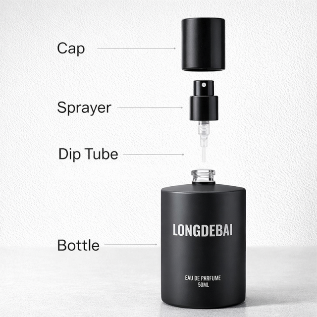 Luxury Matte Black Round Cylinder Empty Crimp Pump Spray Glass Perfume Bottle 50ml