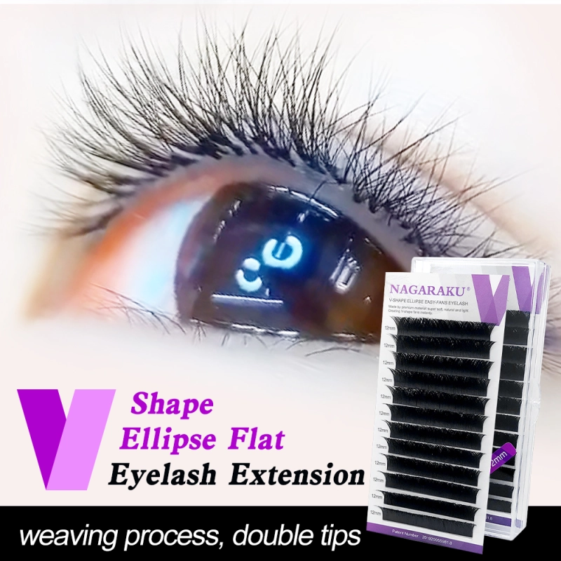 NAGARAKU V-Shape Ellipse Flat Split Tips Eyelash Extension Weaving Progress Double Tips Easy-fans Eyelash Super Soft Natural