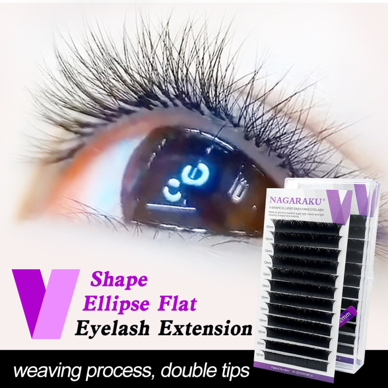 NAGARAKU V-Shape Ellipse Flat Split Tips Eyelash Extension Weaving Progress Double Tips Easy-fans Eyelash Super Soft Natural