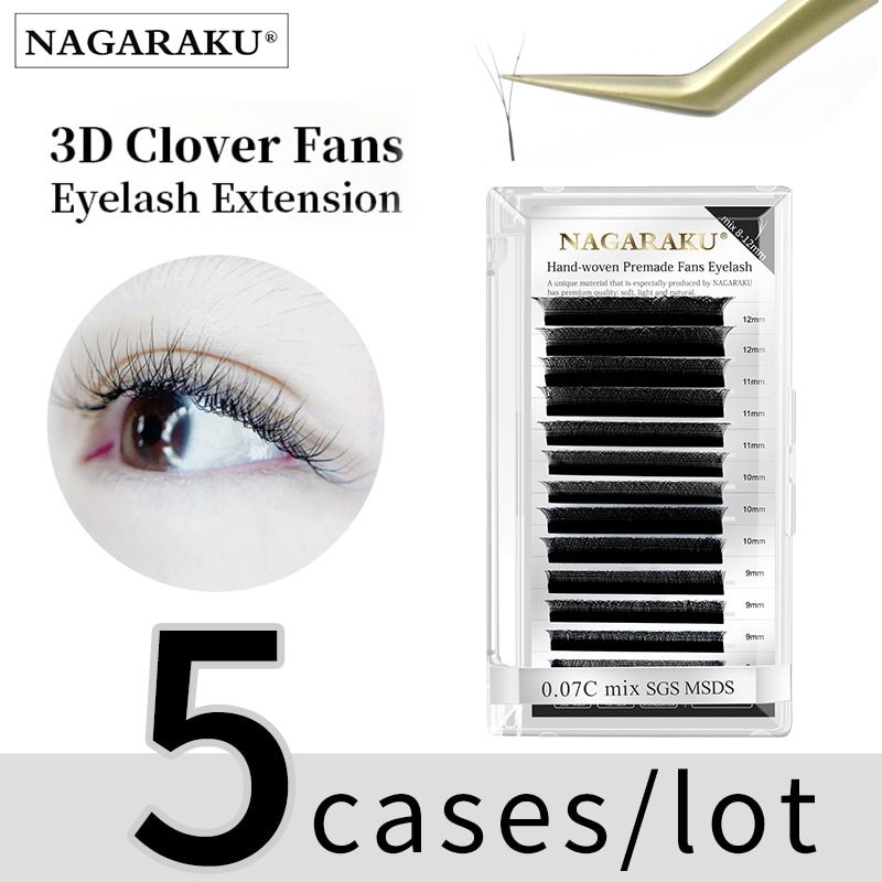 NAGARAKU 5 Cases Brown Automatic Flowering W Shape Bloom 3D Premade Fans Eyelash Extensions Natural Soft Light Individual Lashes