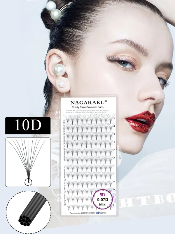 NAGARAKU Sharp Narrow Stem Premade Fans Eyelash Extension 0.07mm 4D-10D Thin Pointy Base Russian Fans Ready Volume