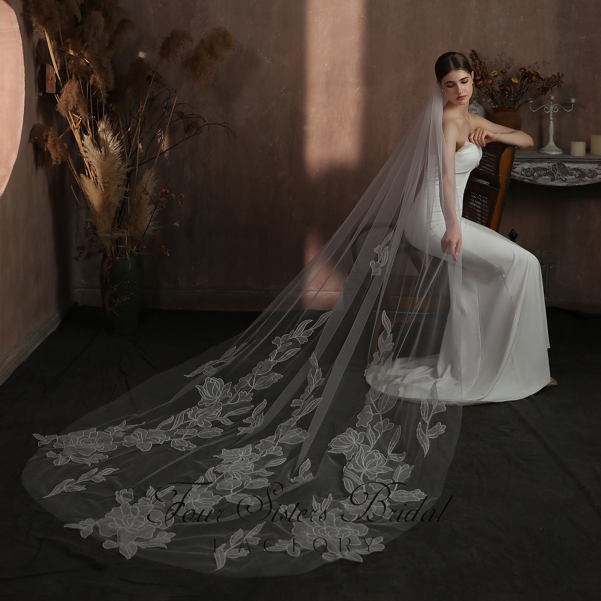 118 Inch Floral Print Wedding Veil