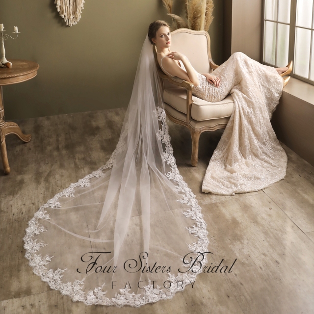 Detailed Floral Print Lace Edge Veil