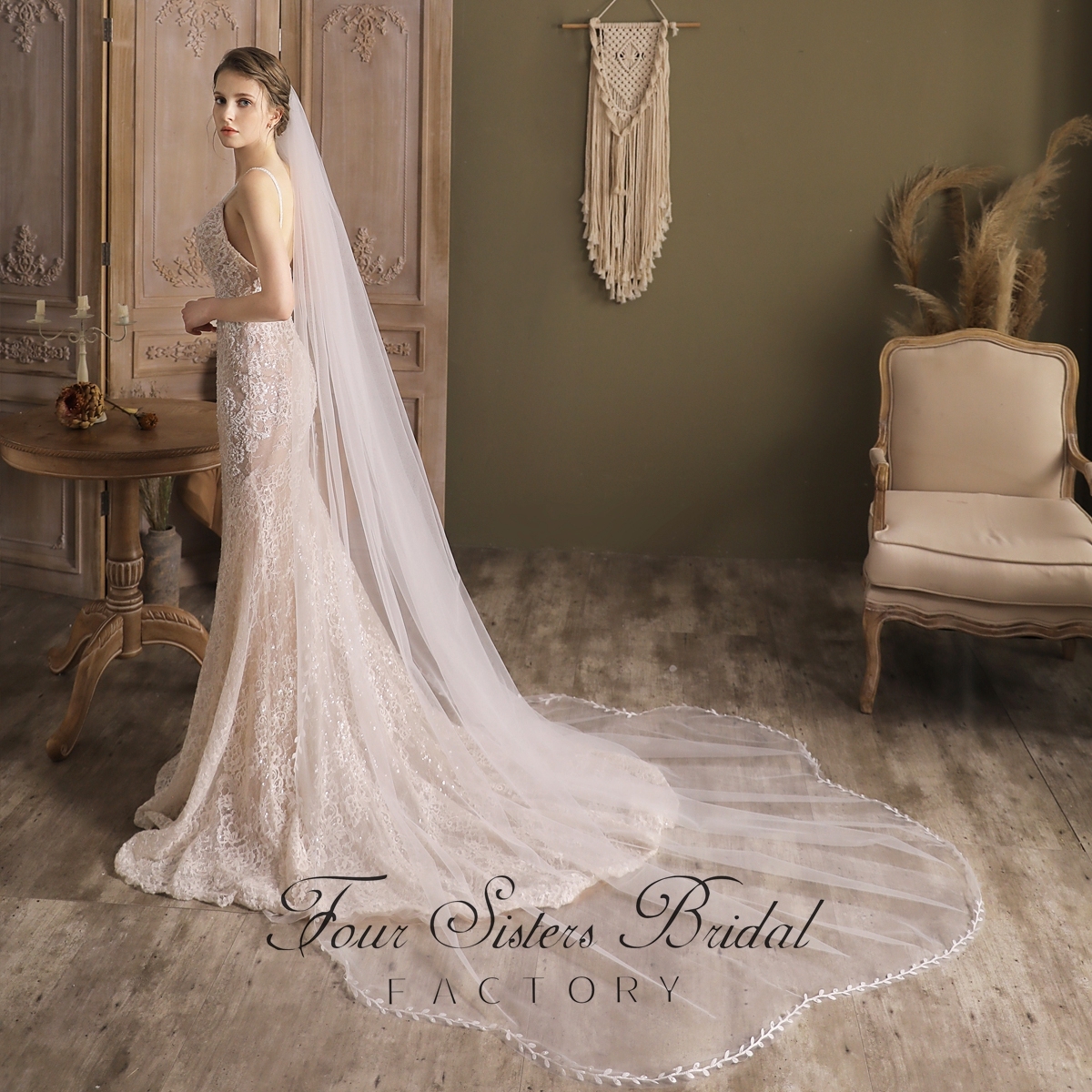 118 Inch Pearl Floral Print Wavy Edge Long Bridal Veil