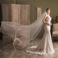 118 Inch Pearl Floral Print Wavy Edge Long Bridal Veil